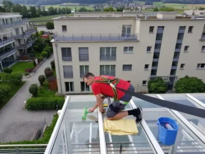 Reinigungsprofi entfernt Schmutz von Glasdach