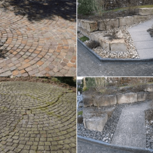 Pflastersteine Vorher-Nachher: Links verschmutzt, rechts gereinigt